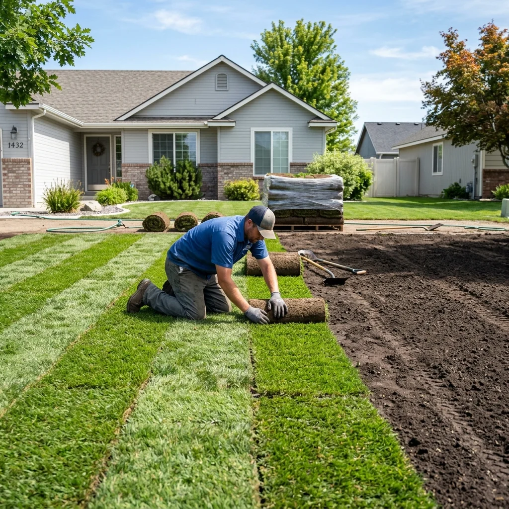 Fresh Kentucky bluegrass sod rolls being installed on residential property